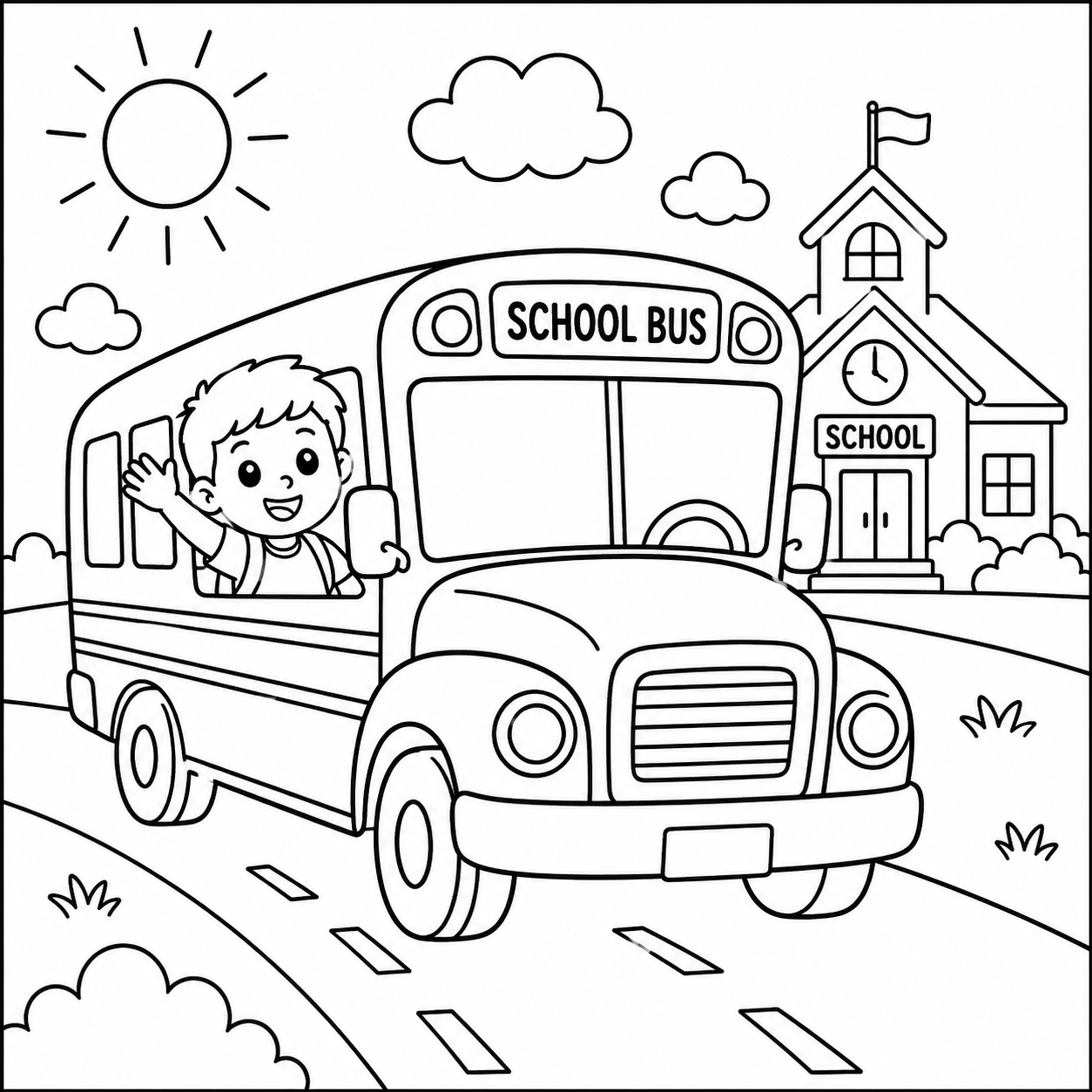 School Bus Adventure coloring page featuring a classic yellow school bus with a smiling child looking out the window